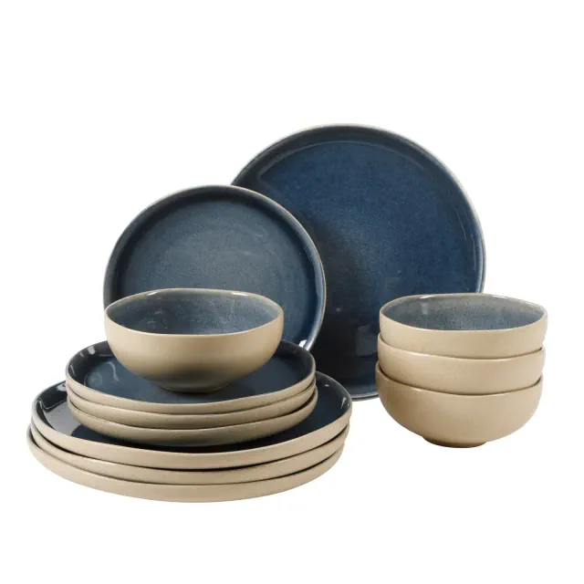 Gibson Elite Manila Bay 12-Piece Stoneware Dinnerware Set, Service for 4, Reactive Glaze. Blue