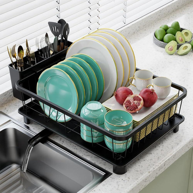 Hiviweer Dish Drying Rack - Space-Saving Dish Rack,Dish Racks for Kitchen Counter with Drainboard, Rustproof Dish Drainer with a Large 4-Compartment Utensil Holder,Black