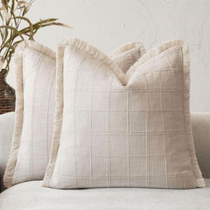 Foindtower Set of 2 Decorative Linen Check Fringe Throw Pillow Covers Farmhouse Vintage Cushion Covers Modern Boho Home Decor for Sofa Chair Couch Bedroom Living Room,18×18 Inch,Natural Beige