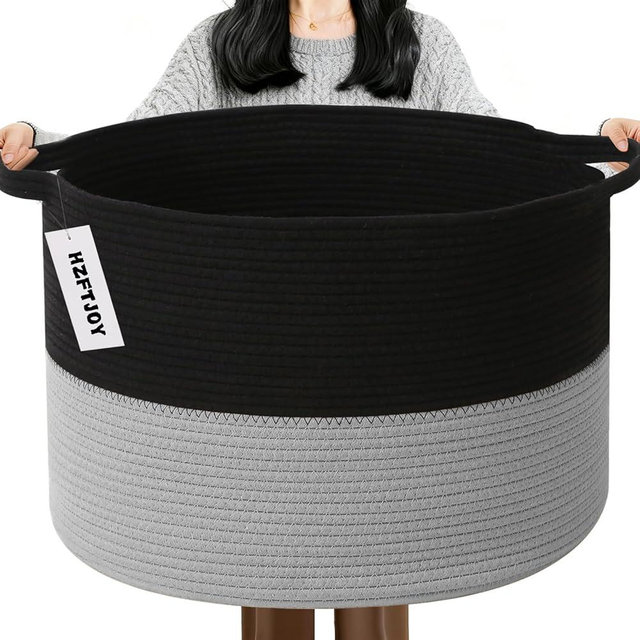 HZFTJOY 65L Large Blanket Basket, 19.7" L x 19.7" W x 13" H Rope Woven Storage Basket,Laundry Hamper for Toys, Clothes, Pillows,Towels, Perfect for Living Room, Nursery & Bedroom,Black&Light Grey