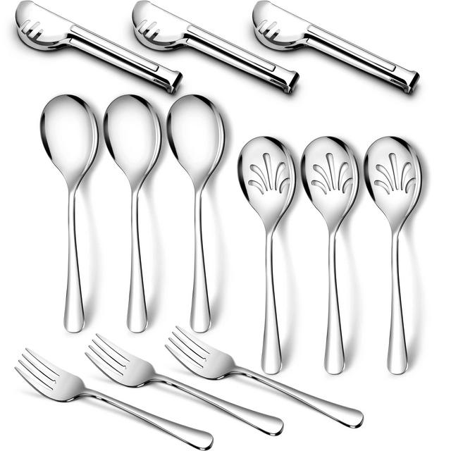 Stainless Steel Metal Serving Utensils - Large Serving sets - 10" Spoons, 10" Slotted Spoons, 10" Forks and 9" Tongs by Teivio (Silver, set of 12)