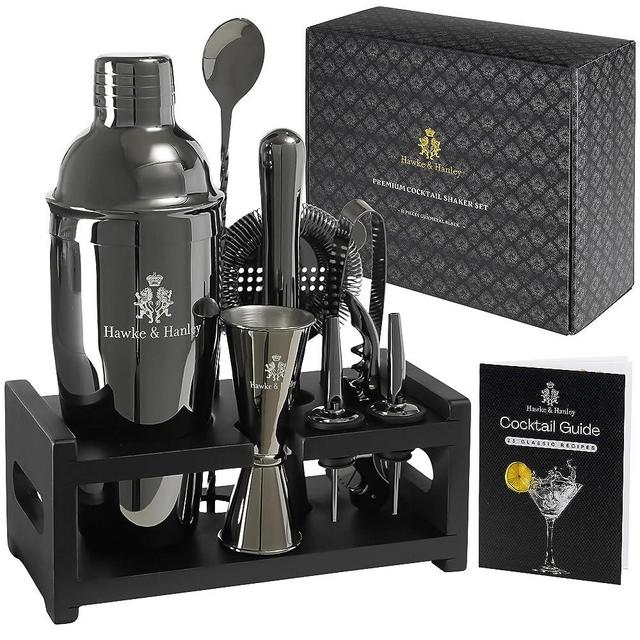 Hawke & Hanley Mixology Bartender Kit: Cocktail Shaker Bar Set with a Martini Shaker, Bar Tools and Black Bamboo Stand | Bartending Kit with Recipe Book | Unique Housewarming Gift (Gunmetal Black)