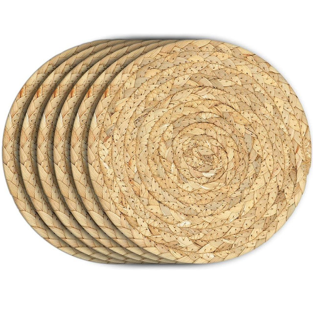 Boho Trivets for Hot Dishes, Pots and Pans, Farmhouse Water Hyacinth Hot Pads 8 Inch, Straw Pot Holders for Kitchen, Rustic Braided Heat Resistant Mat, Jute Coasters Set Wicker Decor (Natural 6 Pcs)