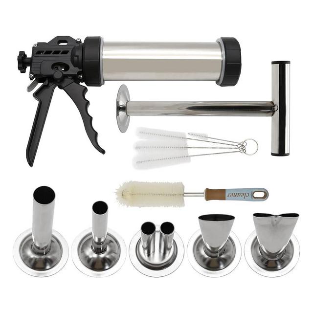Hoypeyfiy Stainless Steel Jerky Gun Sausage Maker Sausage Stuffer Handmade Beef Jerky Gun with 5 Stainless Nozzles Meat Pusher Cleaning Brushes Kit
