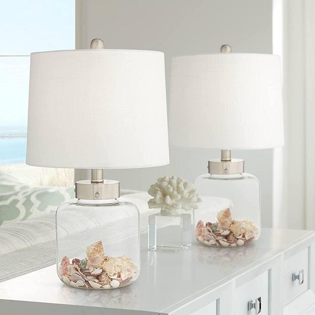 Modern Coastal Small Accent Table Lamps Set of 2 Clear Glass Fillable Shells White Drum Shade Decor for Living Room Bedroom Beach House Bedside Nightstand Home Office Family - 360 Lighting
