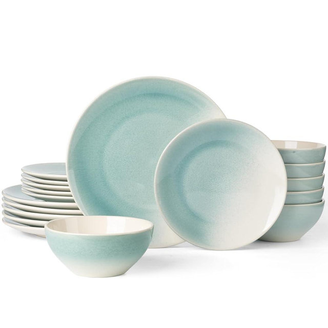 Famiware Glacier Dinnerware Sets, Plates and Bowls Dish Sets for 6 (18 Pieces), Stoneware Tableware - Dishwasher and Microwave Safe, Handcrafted Reactive Glaze, Aqua