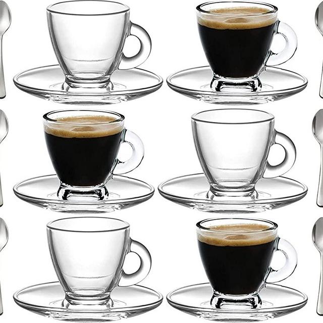Espresso Cups, 3.2 oz Small Demitasse Clear Glass Espresso Drinkware, Set Of Cups, Saucers and Stainless Steel mini Spoons + Free Glass Spoons (set of 6)