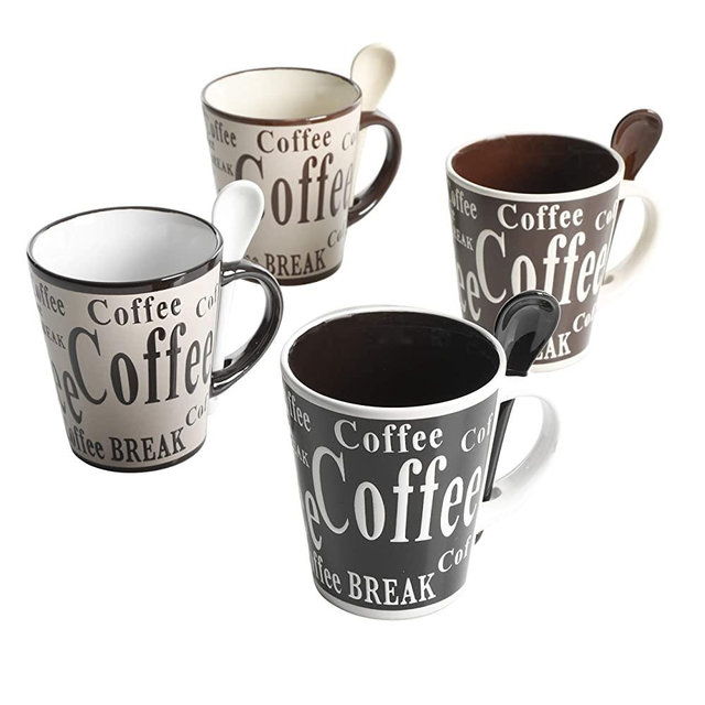 Mr Coffee 97610.08RM Bareggio Mug and Spoon Set, Set of 4, Black and White