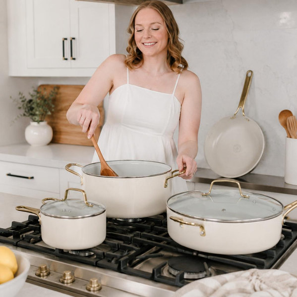 Martha Stewart Lockton Premium Non stick Non Toxic PFA Free Ceramic Interior 10 Piece Heavy Gauge Enamel Aluminum Pots and Pans Cookware Set - Linen White w/Gold Handle