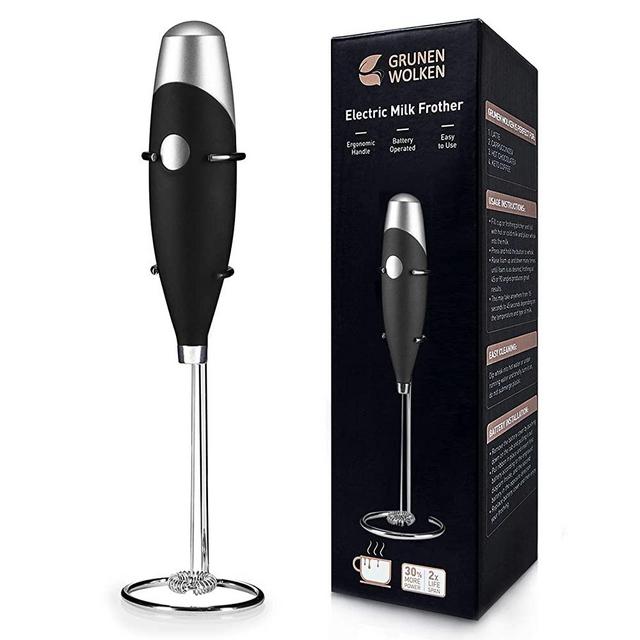 GRUNEN WOLKEN Milk Frother Handheld Get Froth in 7 Seconds High Powered Low Noise with Support Stand and Coffee Stencils Electric Milk Coffee drink Mixer Perfect for Coffee Cappuccino Matcha Hot Chocolate
