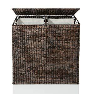 Designer Wicker Laundry Hamper with Divided Interior and Laundry Basket Bags - Espresso Water Hyacinth Hamper with Lid, Includes Two Removable Laundry Liners and Delicates Mesh Laundry Bag