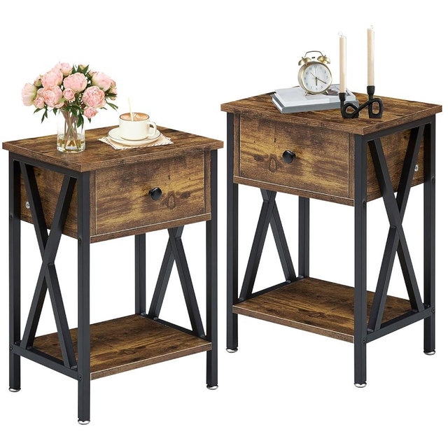 VECELO Nightstands Set of 2, Modern Bedside End Tables, Night Stands with Drawer and Storage Shelf for Living Room Bedroom, Industrial Metal Frame, 2 Pack, Antique Brown