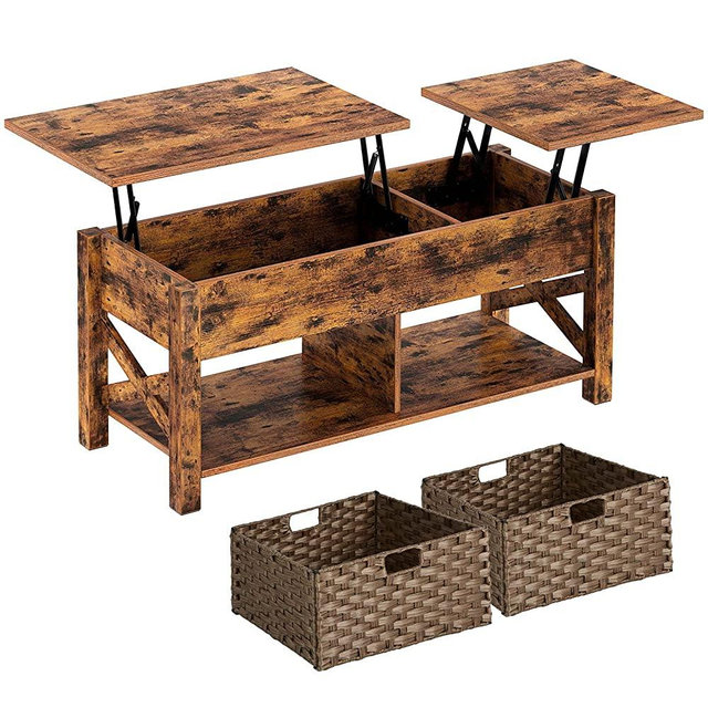 Rolanstar Coffee Table, Lift Top Coffee Table with Rattan Baskets and Hidden Compartment, Retro Central Table with Two-Way Lift Tabletop Rustic Wood Raisable, for Living Room, Rustic Brown
