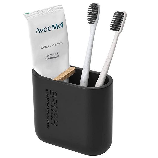 Toothbrush Holders Resin Bamboo Tooth Brushing Holder for Bathroom Countertop, Tooth Brush Storage Organizer Stand for Holds Toiletries and Beauty Accessories, Toothpaste, Floss, Razor, Matte Black