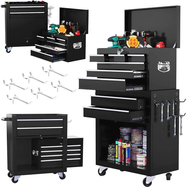 Dawmilon 8-Drawer Rolling Tool Chest with Wheels - High Capacity Tool Cabinet with Detachable Top Toolbox for Garage and Workshop Organization - Metal Tool Cart with Liner & 6 Hooks, Black