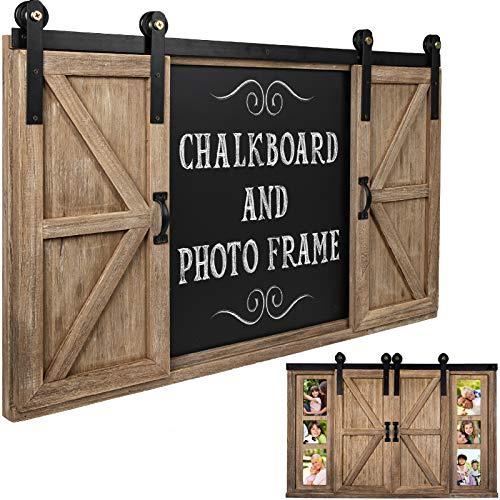 Rustic Wood Chalkboard with Four 4x6 Hideaway Photos: Large Wall Mounted Magnetic Chalk Board, Perfect for Kitchen Décor, Restaurant Menu, Bulletin Sign