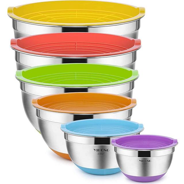 6 Pcs Stainless Steel Mixing Bowls with Lids,YIHONG Metal Nesting Mixing Bowls Set for Mixing, Baking,Serving,Food Prep, Size 7, 5, 4, 3, 2, 1.5QT, with Colorful Non-Slip Bottoms