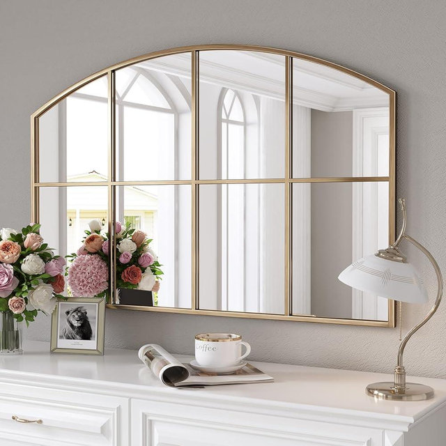 Brauthon 42" x 28" Arched Gold Windowpane Mirror, Grid Wide Brass Window Mirror with Antique Framhouse Style, Large Antique Mirrors for Living Room, Bedroom, Fireplace, Hallway, Entryway