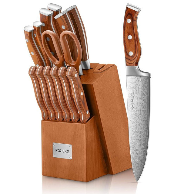 Knife Set FOHERE 14 Pieces Kitchen Knife Set with Wooden Block High Carbon Stainless Steel Self-Sharpening Knife Block Set with Built-in Sharpener and Block, Brown