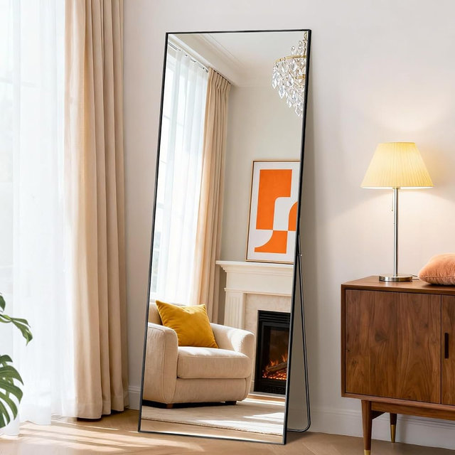 DUMOS 56"x15" Full Length Mirror, Full Body Mirror with Aluminum Alloy Thin Frame, Standing Mirrors with Leaning or Hanging, Suitable for Bedroom, Livingroom, Cloakroom, Black