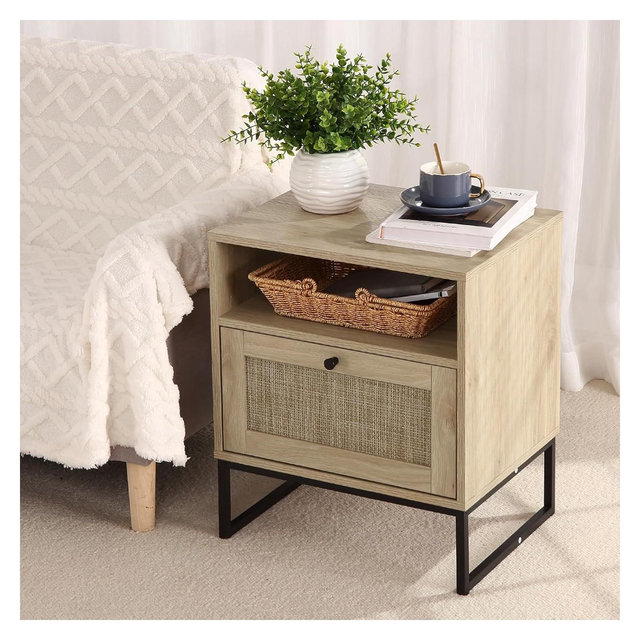 Acekool Rattan End Table with Drawer & Shelf, Boho Farmhouse Nightstand Accent Table for Bedroom & Living Room, Light Oak, 15" D x 18.9" W x 22.2" H