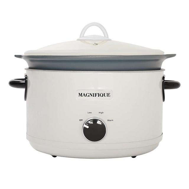 Magnifique 5 Quart Slow Cooker Round Manual Pot Food Warmer with 3 Cooking Settings, Stainless Steel White and Grey Ceramic pot