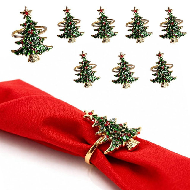 Vifulnts Alloy Enamel Christmas Tree Napkin Rings (8-Set Pack) - Plate-Coordinated Dinner Napkin Holder & Festive Tabletop Topper for Holiday Place Settings