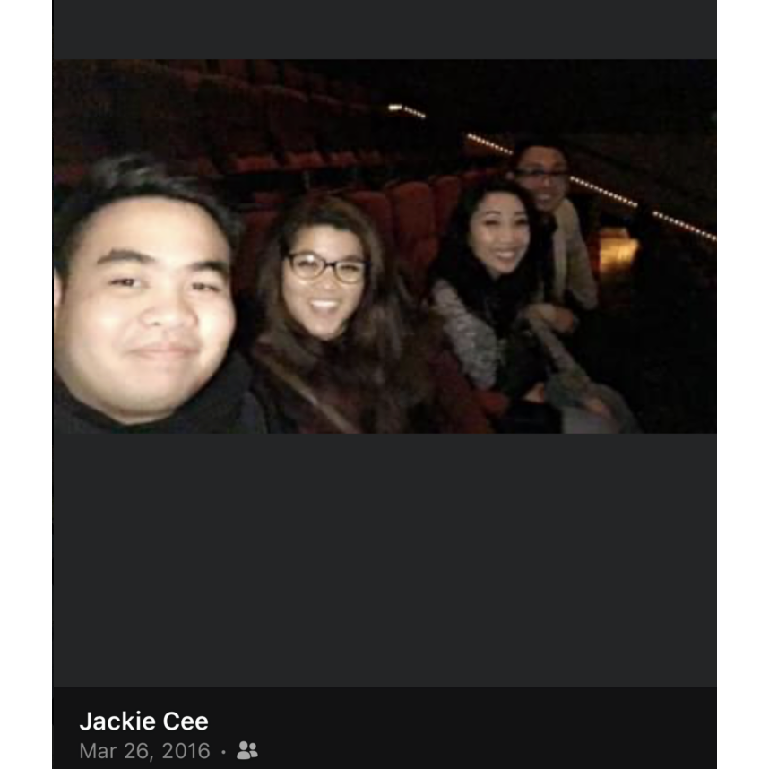 Jackie & Terrence watching a movie with Star (MOH) & Jon (groomsman) in 2016 when they had just met. Fun times! LOL