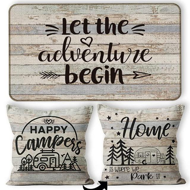 Let The Adventure Begin Decorative Doormat 17”X30”,Happy Campers Home is Where We Park It Reversible Throw Pillowcase 18”X18”,2 Pieces Set(1 Pillow Cover 1 Doormat) Decor for Campsite RV