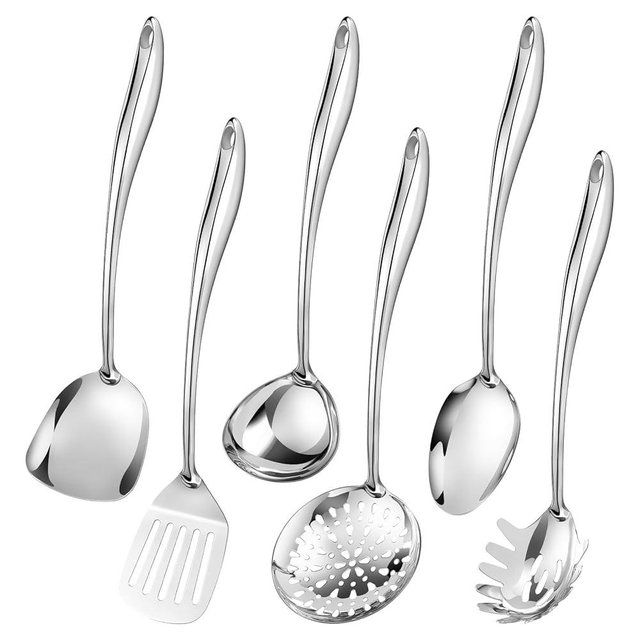 304 Stainless Steel Cooking Utensils Set,6 Pcs Long Metal Kitchen Utensils Set with Spatula, Solid Spoon, Ladle, Skimmer, Spaghetti Spoon,Dishwasher Safe