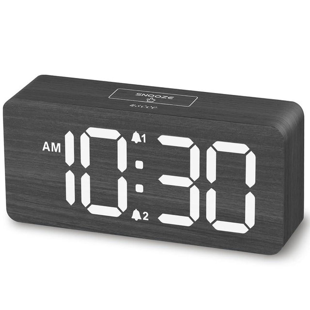 uscce Wooden Digital Alarm Clocks for Bedrooms: Dimmable Dual Alarm Clock with Large Numbers for Bedside Desk - Gray