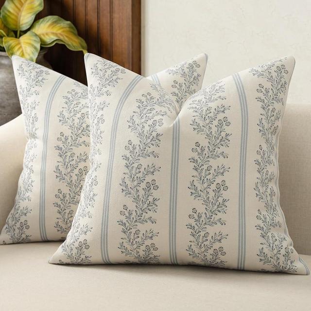 DKwizme Vintage Throw Pillow Covers 24x24 Set of 2, Striped Floral Pillow Cover Botanical Patterned Decorative Cushion Covers Modern Farmhouse Home Decor for Sofa Couch Bed Living Room, Light Blue