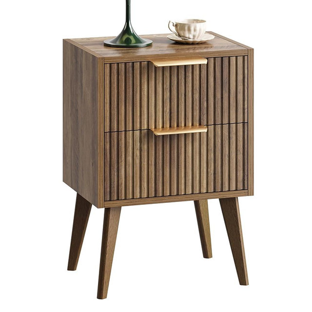 YAUKOMEL Nightstand with 2 Drawers,Mid Century Modern Bedside Table with Handles,Fluted Side Table with Solid Wood Legs,Walnut Brown End Table for Living Room,Bedroom,Caramel Oak CTG55BR
