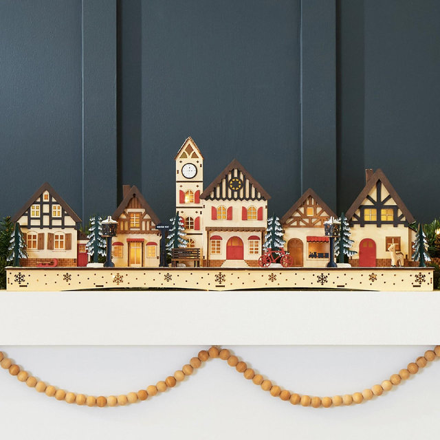 Best Choice Products Pre-Lit Wooden Christmas Village, Plug-In/Battery-Powered Winter Mantel Decor w/ 20 LED Lights