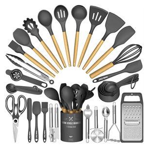 Umite Chef Silicone Kitchen Utensil Set, 34PCS Heat Resistant Kitchen Gadgets and Tools With Grater, Wood Handles for Nonstick Cookware (Dark Gray)