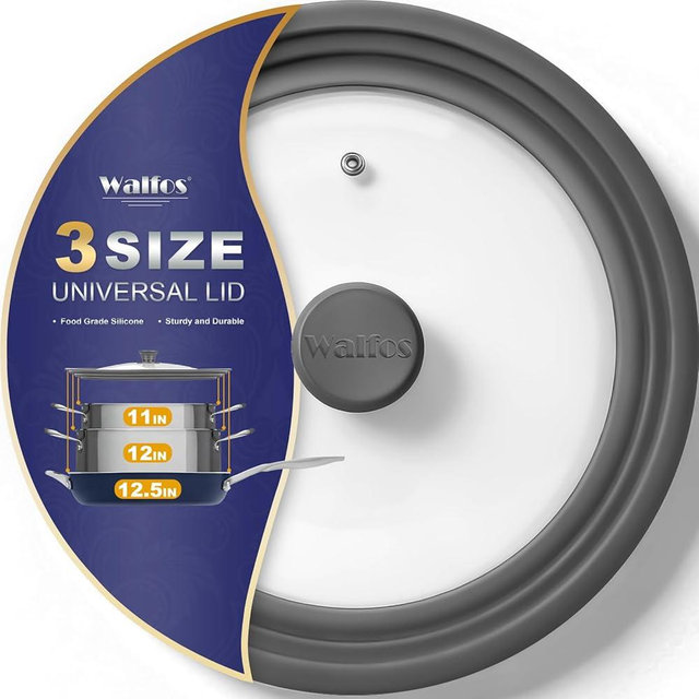 Universal Lid for Pots, Pans and Skillets - Walfos Tempered Glass Pan Lid with Heat Resistant Silicone Rim, BPA Free Large Pot Lids Fits 11", 12" and 12.5" Diameter Cookware, Dishwasher-Safe, Grey