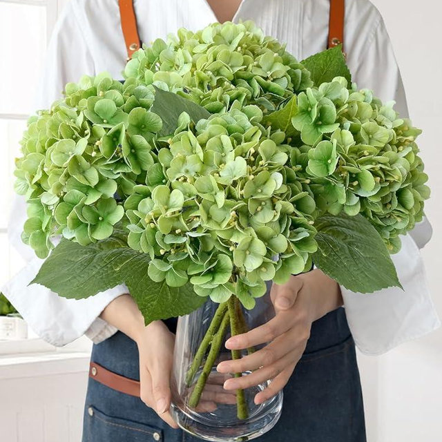 JINWOE Light Green Artificial Hydrangeas, 4Pcs 20" Real Touch Silk Flowers,Lifelike Hydrangeas Stems Faux Flowers for Bouquet Table Centerpieces Indoor Spring Outdoor Home