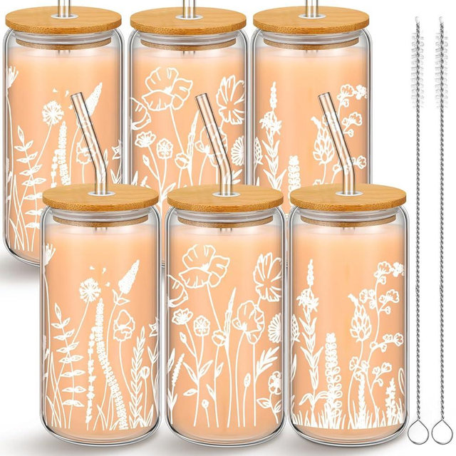 Bokon 6 Pcs Floral Iced Coffee Cups with Bamboo Lids and Straws 16 oz Christmas Gift Wildflower Glass Cup for Women Flower Drinking Glass Bottle with Cleaning Brush Birthday Bridesmaid Party Gift