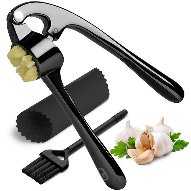 GD Garlic Press Crusher Mincer Tool - Stainless Steel Garlic Press, Dishwasher Safe & Rust Proof, Easy-Squeeze Garlic Crusher with Ergonomic Handle - Includes Silicone Peeler & Brush (Black)