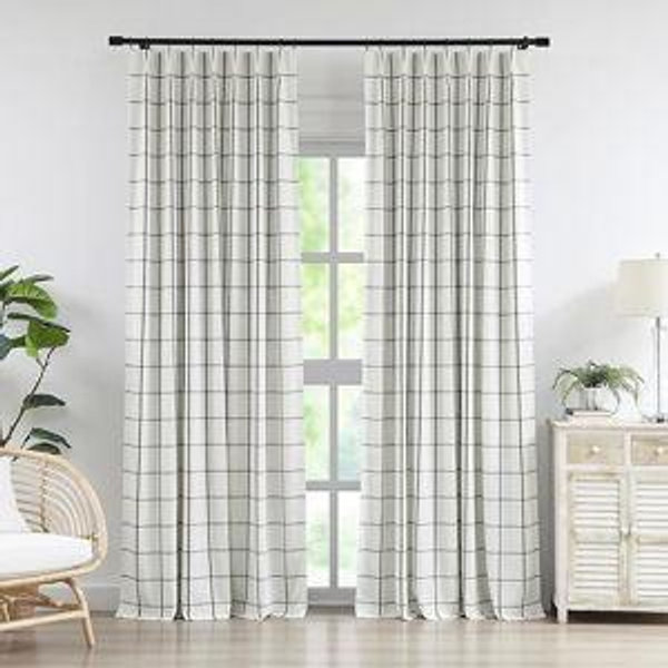 Vision Home Black Plaid Linen Pinch Pleated Full Blackout Curtains Checkered Thermal Insulated Window Panels 90 inch for Bedroom Living Room Light Blocking Rustic Pleat Drapes with Hooks 40" Wx90 Lx2