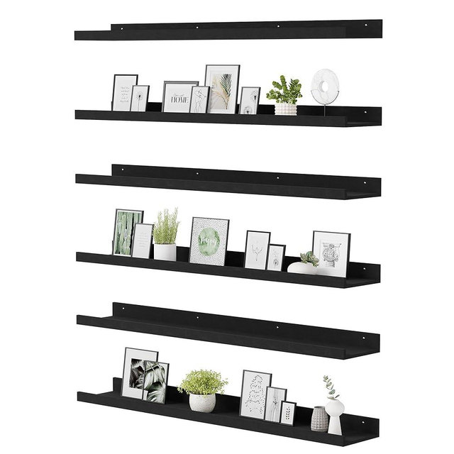 upsimples Floating Shelves for Wall, 47.3 Inch Shelves for Decor Storage Set of 6, Wall Mounted Wood Shelf for Bedroom, Living Room, Bathroom, Kitchen, Long Picture Ledge Shelves, Black