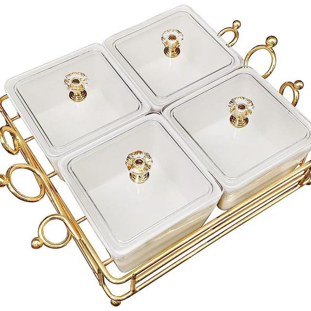 YA JU Ceramic bowl With cover metal Tray, 4 removable dip bowls are used For appetizers,potato chips, fruits, candies, and condiments- birthday parties, Holiday Commemorations Mother's Day Gift