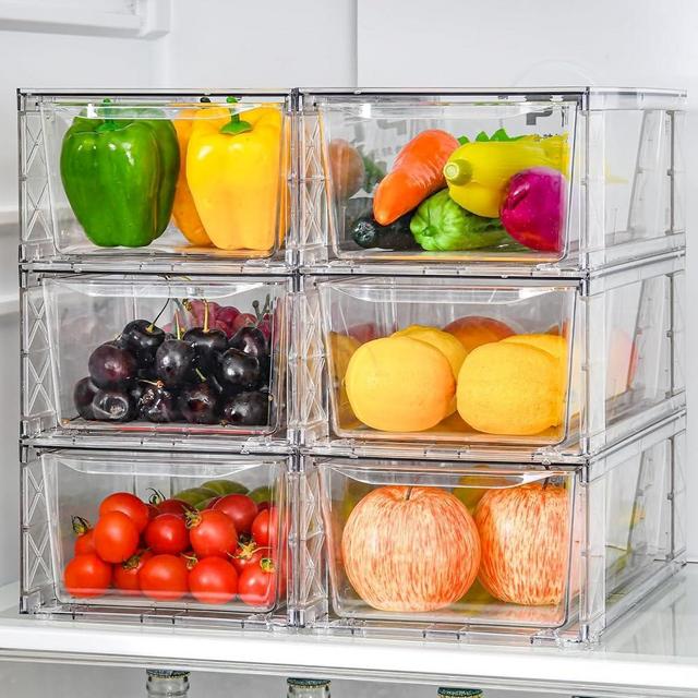 6Pack Clear Stackable Kitchen Storage Organizer,Foods Organizer Bins with Handles, Easily Assemble for Bathroom, Kitchen, Refrigerator, Pantry, Cabinet, Closet