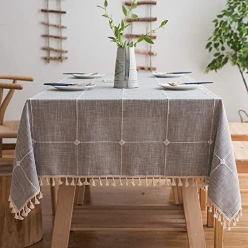BUBIQUER Stitching Tassel Tablecloth, 55 x55 inch, Cotton Linen Fabric Wrinkle Free Anti-Fading Dust-Proof Washable Tabletop Decoration for Kitchen Party (Grey Grid)