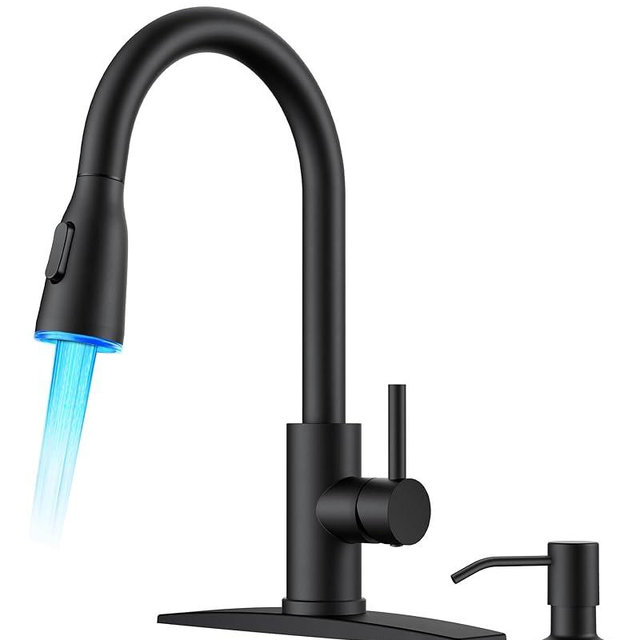 FORIOUS LED Kitchen Faucet with Soap Dispenser and Pull Down Sprayer, Matte Black High Arc Single Handle 3 Modes Stainless Steel Bar Faucet for Kitchen Sink RV Laundry Camper