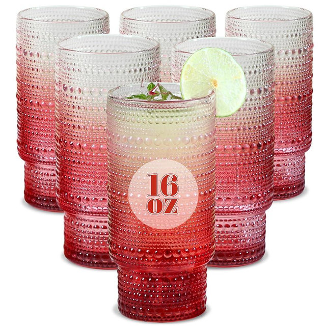 Cowjut Large Capacity 16 oz Hobnail Drinking Glasses Set of 6, Vintage Glassware Drinking Glasses, Gradual Red Water Glasses Tumbler, Christmas Gifts for Women