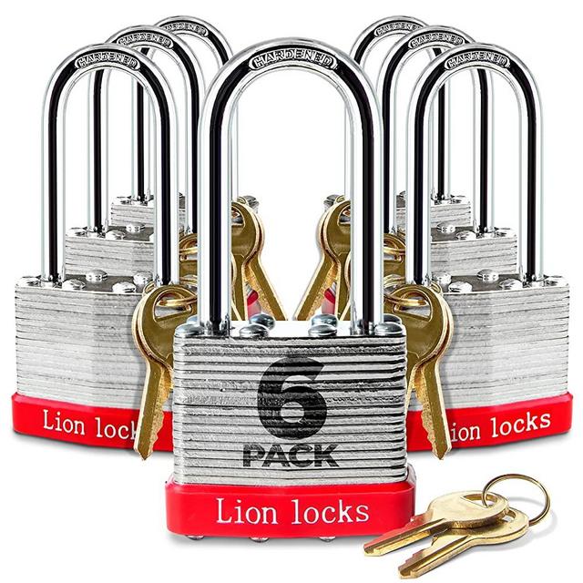Lion Locks 6 Keyed-Alike Padlocks w/ 2” Long Shackle, 12 Keys, Hardened Steel Case, Pick Resistant Brass Pin Cylinder (6-Pack) for Hasp Latch, Shed, Fence, Gate Chain, Cable, Locker Lock, Gym Door