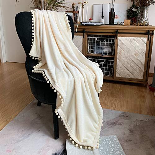 LOMAO Flannel Blanket with Pompom Fringe Lightweight Cozy Bed Blanket Soft Throw Blanket fit Couch Sofa Suitable for All Season (Ivory, 60''x 80'')