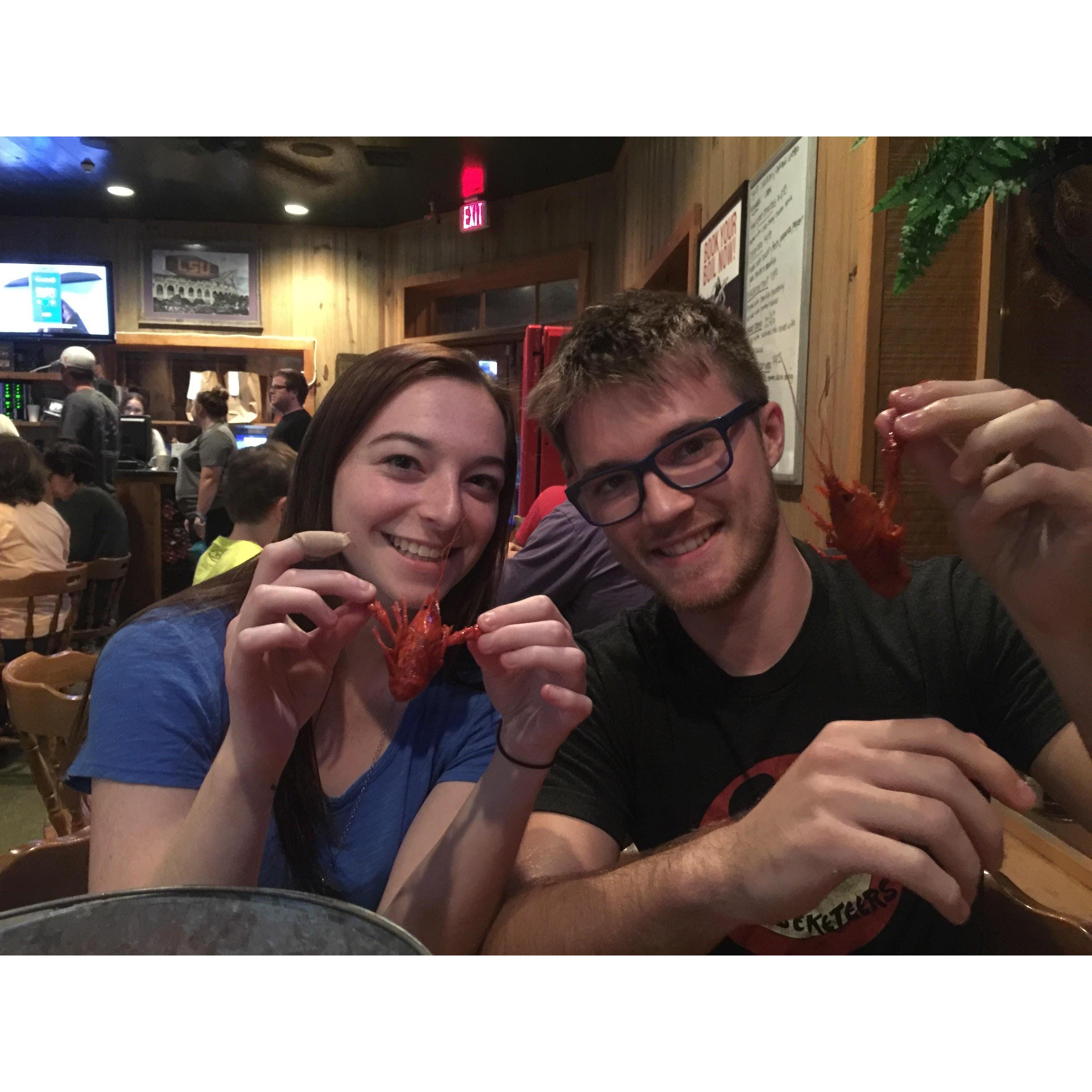 Devin's first crawfish in Baton Rouge at Sammy's Grill.