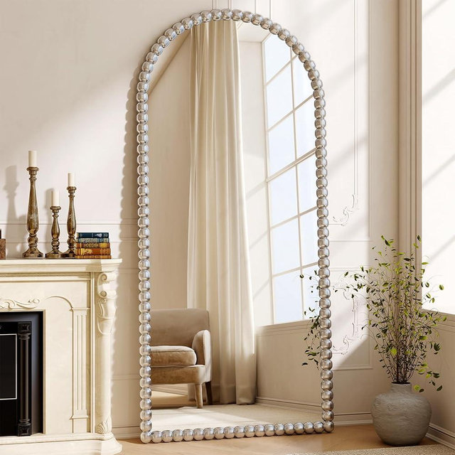 VETROVUE 34"x76" Silver Arched Full Length Mirror, Vintage Beaded Decorative Floor Full Body Dressing Mirror as Room Decor Hanging Leaning Standing for Living Room, Bedroom, Vanity Area